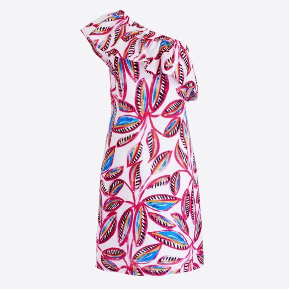 J. Crew One-Shoulder Linen-Blend Dress Tropical Floral Print Size Medium NEW - Picture 1 of 14
